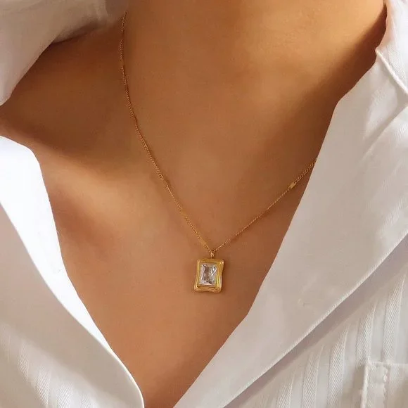 NEW 18K Gold Plated Radiant Cut Diamond Square Pendant Necklace